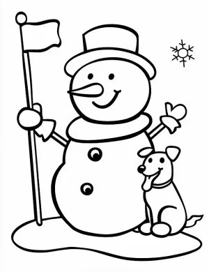 Happy Snowman with Dog in Snow Christmas Coloring Page by Mindset Flow