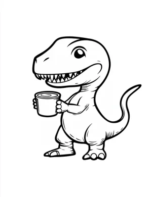 Happy T-Rex Holding Cup Coloring Page
