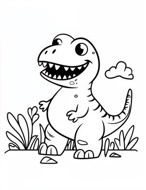 Happy Tyrannosaurus Rex with Plants Coloring Page