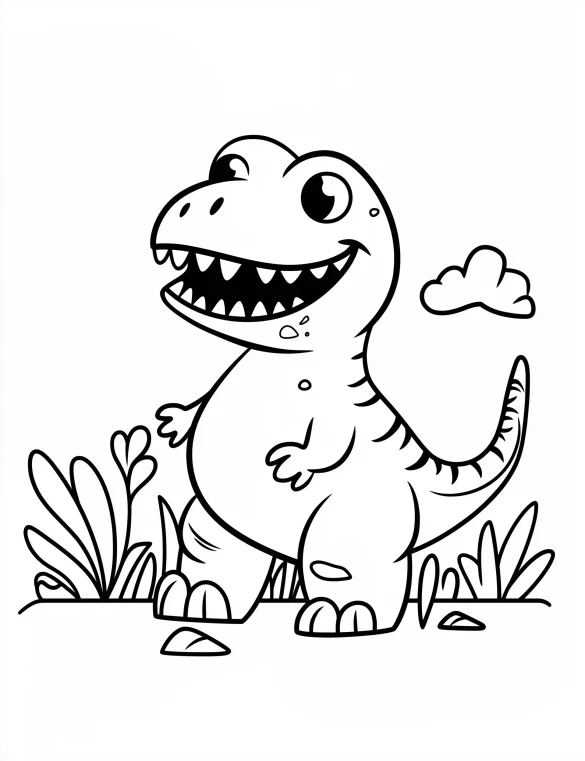 Happy Tyrannosaurus Rex with Plants Coloring Page