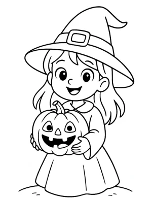 Happy Witch Girl Holding Pumpkin Coloring Page by Mindset Flow