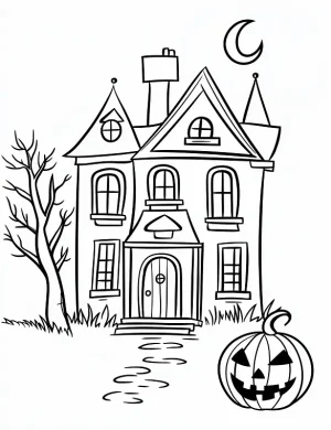 Haunted House with Jack O’Lantern Path Halloween Coloring Page By Mindset Flow
