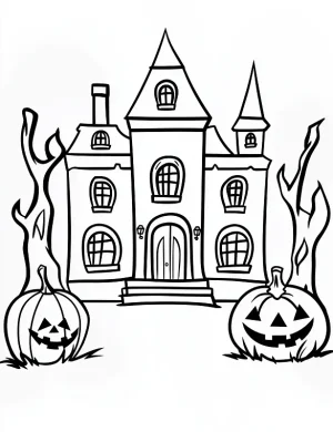 Haunted House with Pumpkins Halloween Coloring Page by Mindset Flow