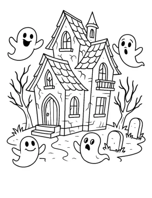 Haunted Spooky House With Ghosts Flying Coloring Page by Mindset Flow