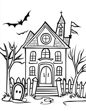 Haunted Spooky House With Graveyard Coloring Page by Mindset Flow