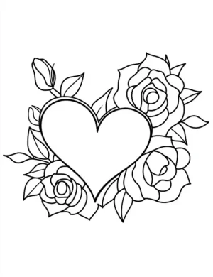 Heart-Shaped Floral Roses Adult Flower Coloring Page