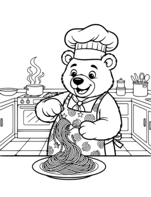 Hearty Spaghetti Chef Bear in the Kitchen Coloring Page By Mindset Flow