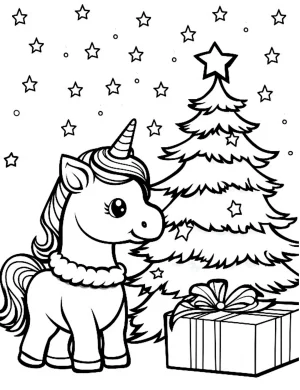 Holiday Unicorn with Christmas Tree and Gift Box Coloring Page
