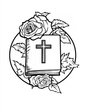 Holy Bible With Cross Surrounded By Roses Circle Coloring Page by Mindset Flow