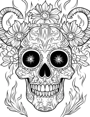 Horned Skull Surrounded by Flowers Adult Coloring Page by Mindset Flow