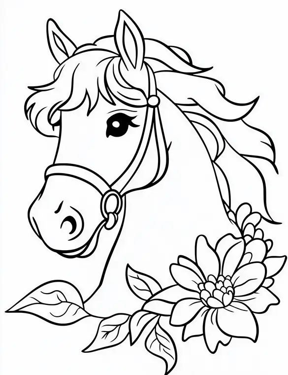 Horse Head with Lily Flowers Printable Coloring Page