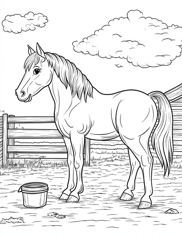 Horse In Pasture With Bucket Adult Coloring Page By Mindset Flow