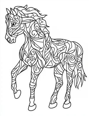 Horse Mandala with Flowing Lines and Abstract Patterns Coloring Page by Mindset Flow