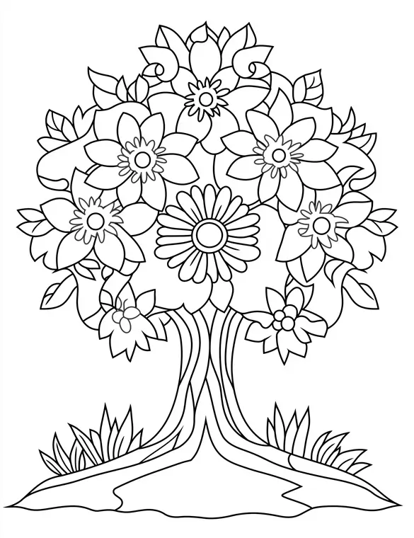Huge Floral Nature Flower Tree Printable Coloring Page