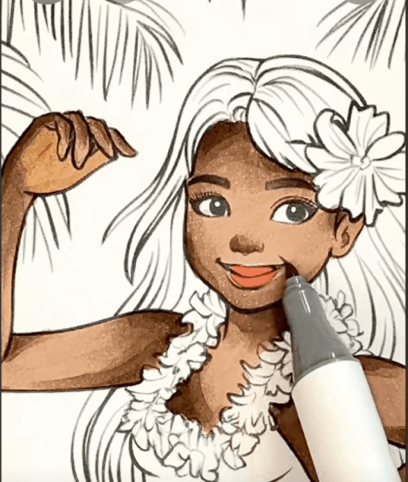 Hula Dancer on Tropical Beach Adult Coloring Page-HowToVideo
