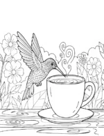 Hummingbird Sipping from Coffee Cup Coloring Page by Mindset Flow
