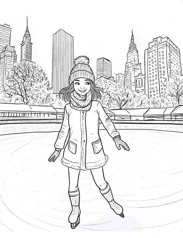 Ice Skating Girl in Central Park NYC Adult Coloring Page By Mindset Flow