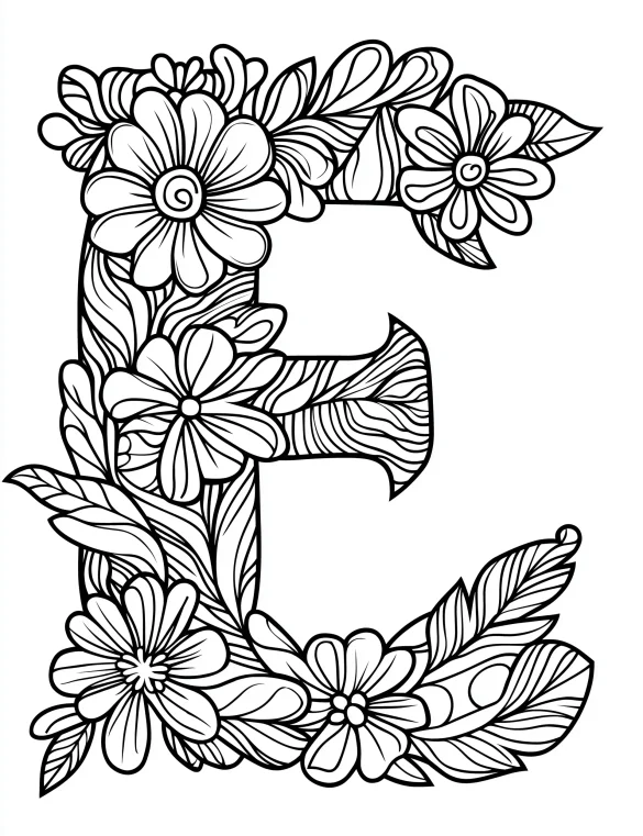 Intricate Floral and Leaf Patterns Letter E Coloring Page