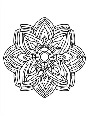 Intricate Geometric Mandala With Layered Petal Shapes And Circular Center Coloring Page by Mindset Flow