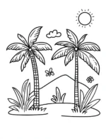 Island Palm Trees and Sun Tropical Landscape Flower Coloring Page by Mindset Flow