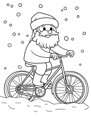 Jolly Santa Claus Riding a Bicycle Christmas Coloring Page by Mindset Flow