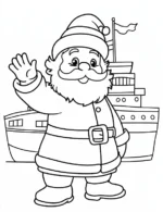 Jolly Santa Waving in Front of Cruise Ship Coloring Page By Mindset Flow