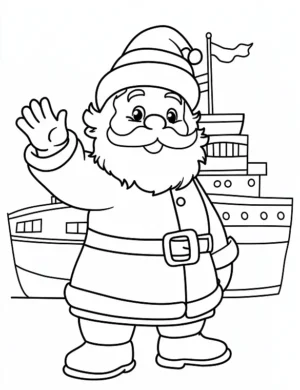 Jolly Santa Waving in Front of Cruise Ship Coloring Page By Mindset Flow