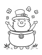 Joyful Leprechaun in Pot of Gold with Shamrocks Coloring Page