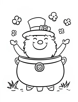 Joyful Leprechaun in Pot of Gold with Shamrocks Coloring Page