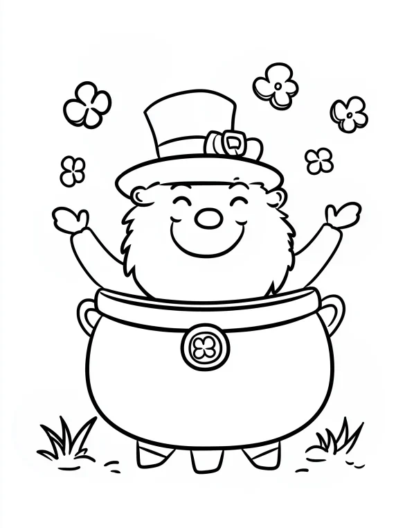 Joyful Leprechaun in Pot of Gold with Shamrocks Coloring Page