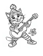 Joyful Musical Cat Playing Guitar Flower Coloring Page by Mindset Flow