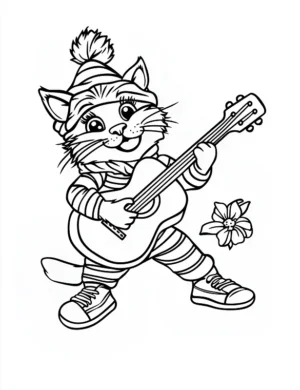 Joyful Musical Cat Playing Guitar Flower Coloring Page by Mindset Flow