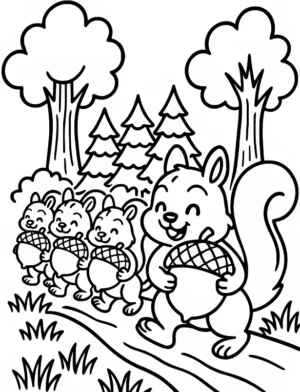Joyful Squirrels on an Acorn Parade Coloring Page By Mindset Flow