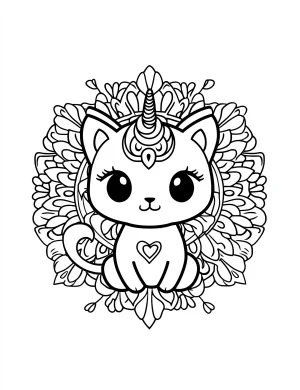 Kawaii Style Unicorn Cat Mandala with Heart-Shaped Design Coloring Page