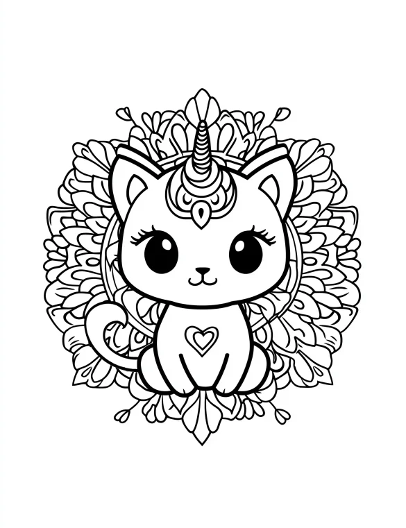 Kawaii Style Unicorn Cat Mandala with Heart-Shaped Design Coloring Page