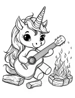 Kawaii Unicorn Sitting by Campfire Playing Guitar Coloring Page