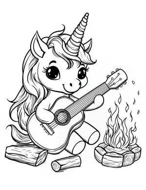 Kawaii Unicorn Sitting by Campfire Playing Guitar Coloring Page