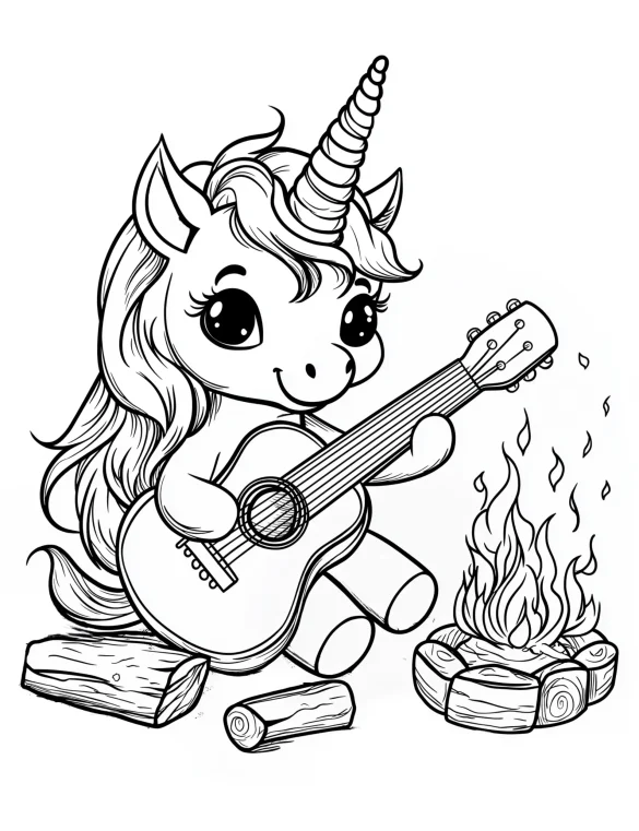 Kawaii Unicorn Sitting by Campfire Playing Guitar Coloring Page