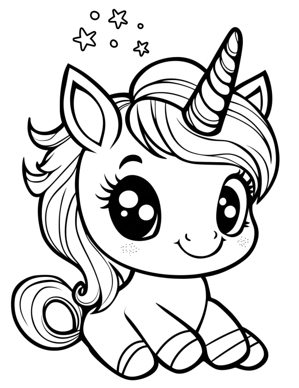 Kawaii Unicorn with Big Wide Eyes and Sparkling Stars Coloring Page