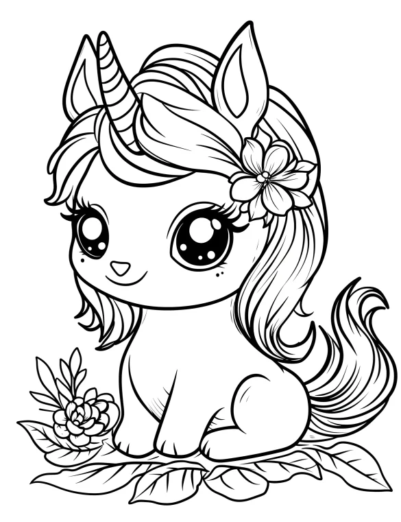 Kawaii Unicorn with Flower Bow on Mane and Flowers on Ears Coloring Page