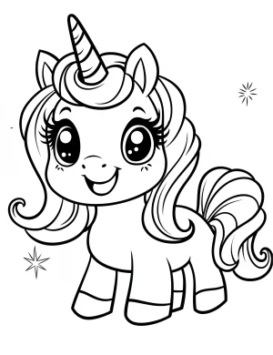 Kawaii Unicorn with Large Sparkling Eyes and Joyful Smile Coloring Page