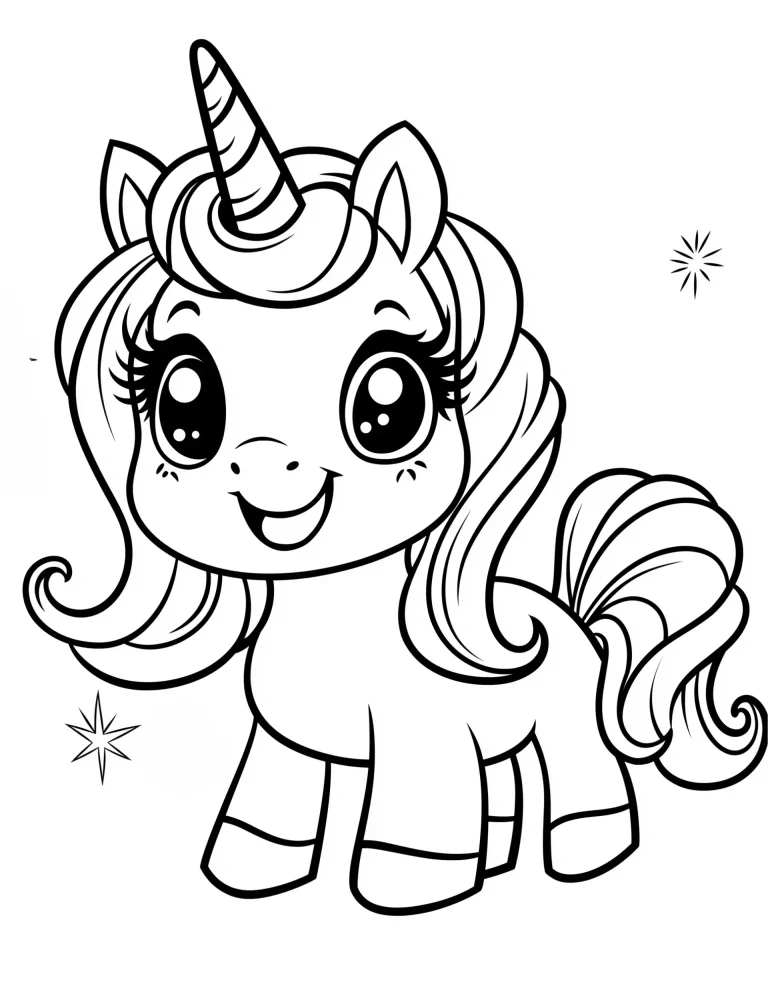 Kawaii Unicorn with Large Sparkling Eyes and Joyful Smile Coloring Page ...