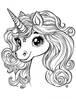 Kawaii Unicorn with Thick Wavy Mane and Tail Filled with Flowing Curls Coloring Page