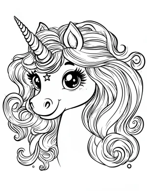 Kawaii Unicorn with Thick Wavy Mane and Tail Filled with Flowing Curls Coloring Page