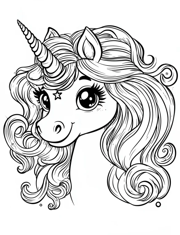 Kawaii Unicorn with Thick Wavy Mane and Tail Filled with Flowing Curls Coloring Page