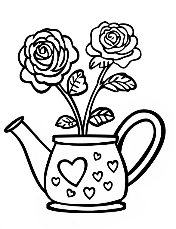 Kettle with Roses and Heart Decorations Coloring Page