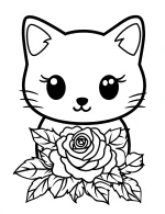 Kitten Holding a Rose Flower Bouquet Coloring Page