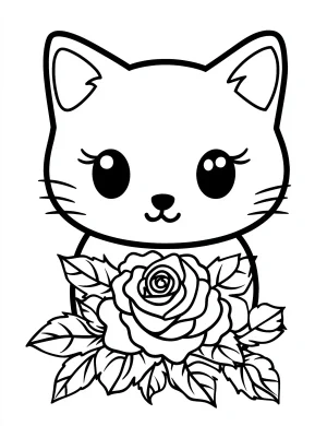 Kitten Holding a Rose Flower Bouquet Coloring Page