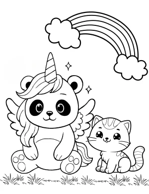 Kitten and Magical Panda Unicorn with Wings and Rainbow Coloring Page