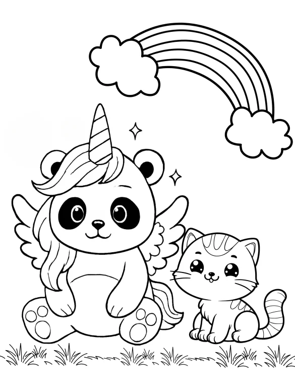 Kitten and Magical Panda Unicorn with Wings and Rainbow Coloring Page